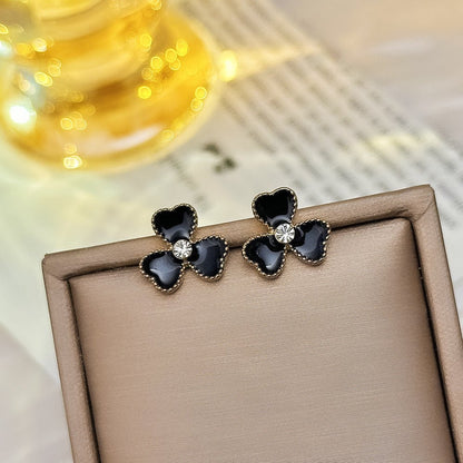 Sier Black Oil Dripping Flower Ear Korean Simple Elegant High-grade Stud Earrings - Daebak