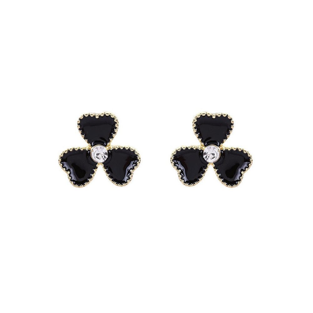 Sier Black Oil Dripping Flower Ear Korean Simple Elegant High-grade Stud Earrings - Daebak