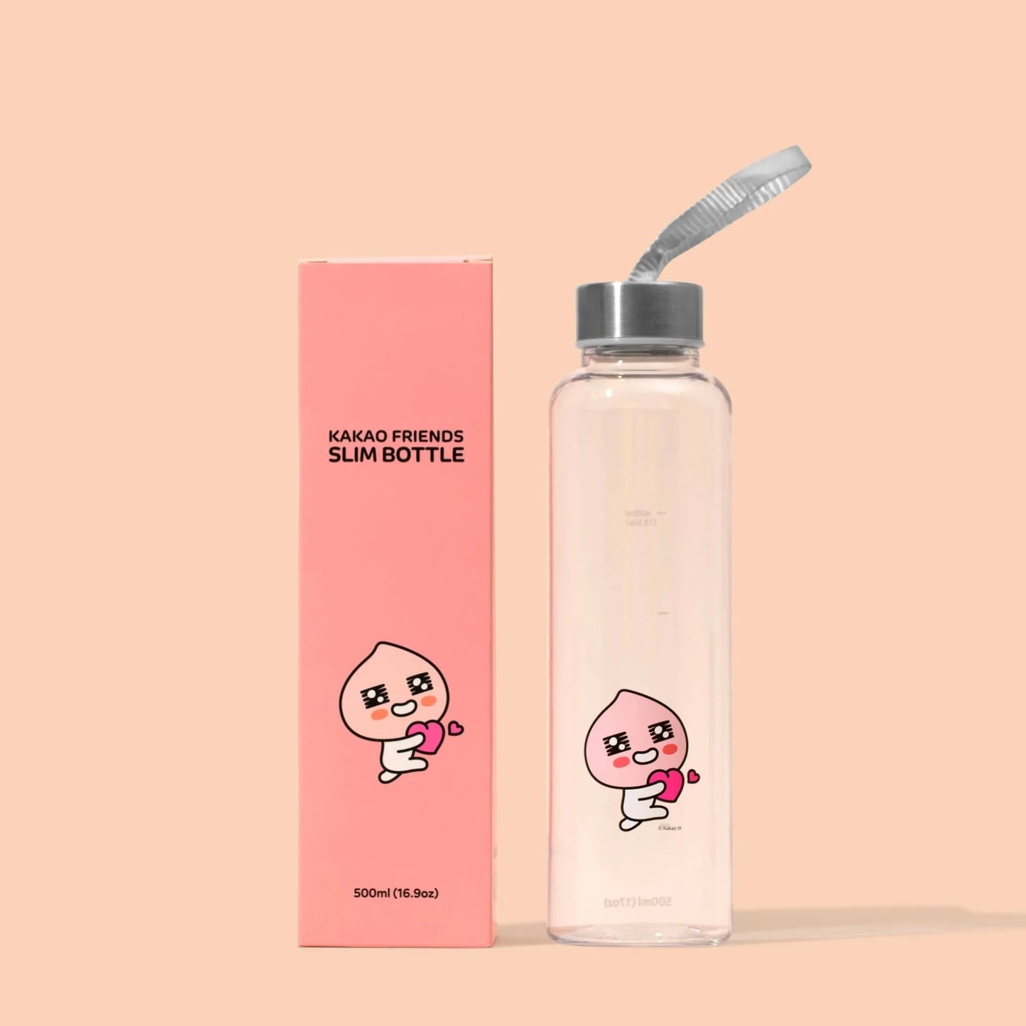 Slim Water Bottle KakaoFriends Licensed Design - 16.9oz (500 ml) Twist Off Stainless Cap with Strap (APEACH) - Daebak