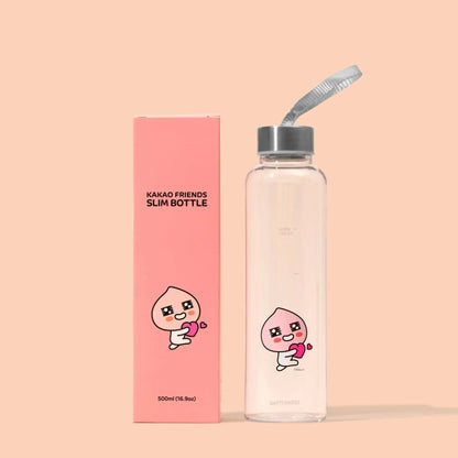 Slim Water Bottle KakaoFriends Licensed Design - 16.9oz (500 ml) Twist Off Stainless Cap with Strap (APEACH) - Daebak