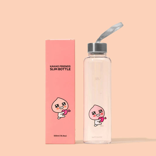 Slim Water Bottle KakaoFriends Licensed Design - 16.9oz (500 ml) Twist Off Stainless Cap with Strap (APEACH) - Daebak