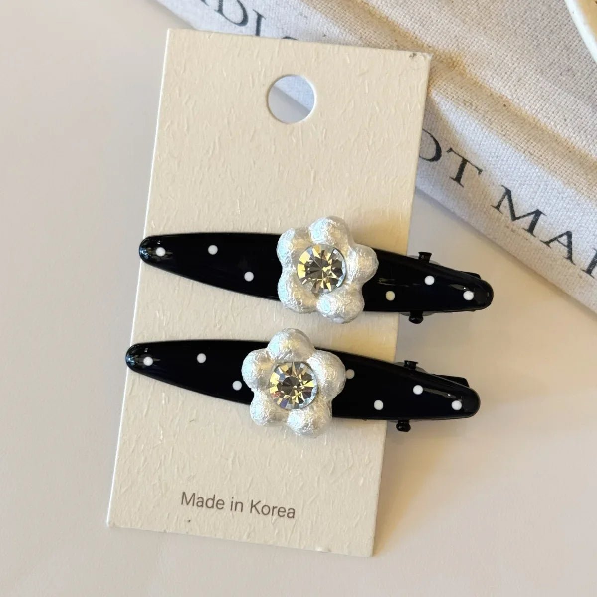 Sweet Polka Dot Pearl Flower Clip Womens Bangs Clip Elegant Fashion Korean Style Duckbill Hair Rhinestone Accessory Pair Set - Daebak
