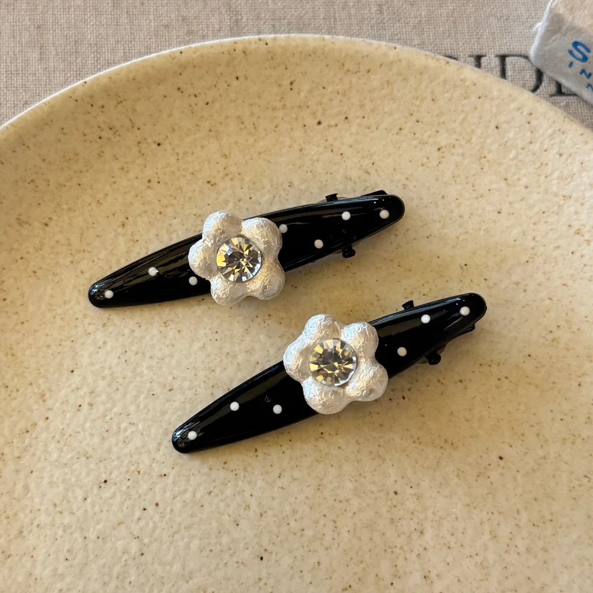 Sweet Polka Dot Pearl Flower Clip Womens Bangs Clip Elegant Fashion Korean Style Duckbill Hair Rhinestone Accessory Pair Set - Daebak