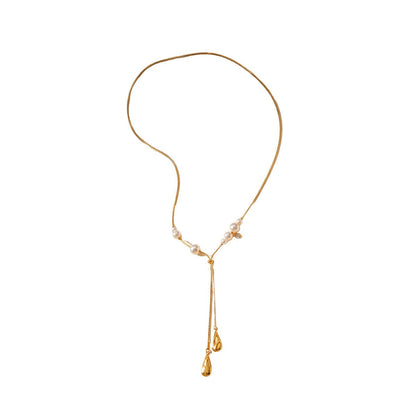 Women Dainty Snake Chain Y Lariat Faux Pearl Teardrop Drop Necklace, PVD Gold Plated Adjustable Layering Choker For Daily Wedding Gift - Daebak