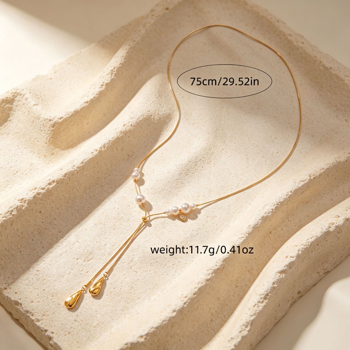 Women Dainty Snake Chain Y Lariat Faux Pearl Teardrop Drop Necklace, PVD Gold Plated Adjustable Layering Choker For Daily Wedding Gift - Daebak
