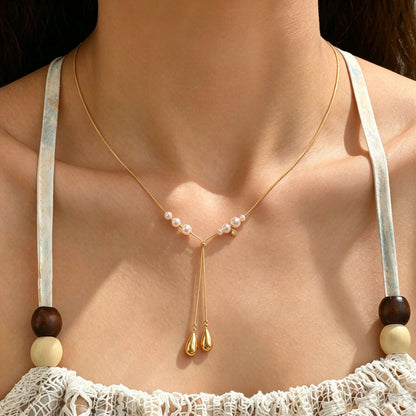 Women Dainty Snake Chain Y Lariat Faux Pearl Teardrop Drop Necklace, PVD Gold Plated Adjustable Layering Choker For Daily Wedding Gift - Daebak