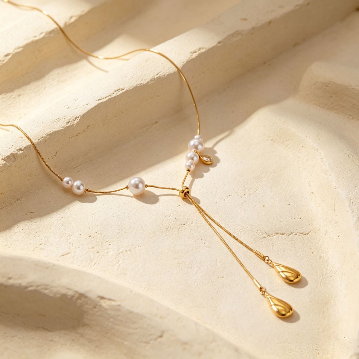 Women Dainty Snake Chain Y Lariat Faux Pearl Teardrop Drop Necklace, PVD Gold Plated Adjustable Layering Choker For Daily Wedding Gift - Daebak