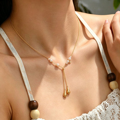 Women Dainty Snake Chain Y Lariat Faux Pearl Teardrop Drop Necklace, PVD Gold Plated Adjustable Layering Choker For Daily Wedding Gift - Daebak