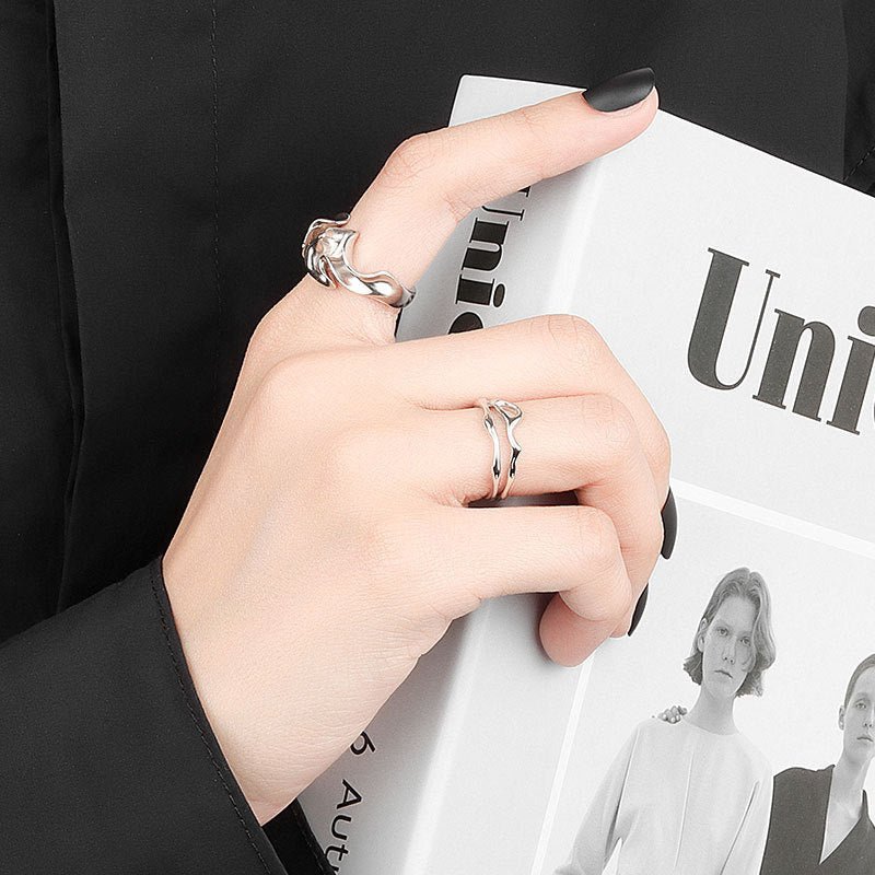 Women's Korean Style Niche Design Free Shape Irregular Curve Bar Rings - Daebak
