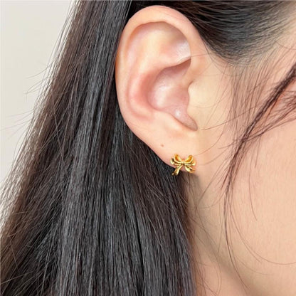 Women's Korean Style Sterling Sier Bow Simple Earrings - Daebak