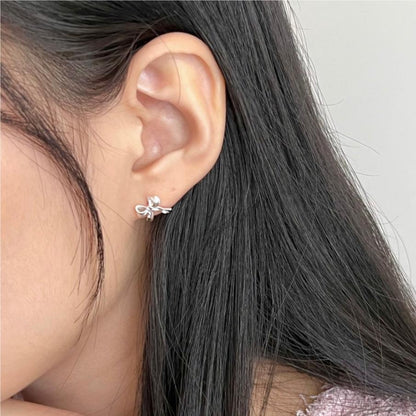 Women's Korean Style Sterling Sier Bow Simple Earrings - Daebak