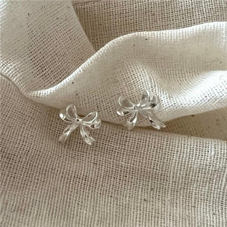 Women's Korean Style Sterling Sier Bow Simple Earrings - Daebak