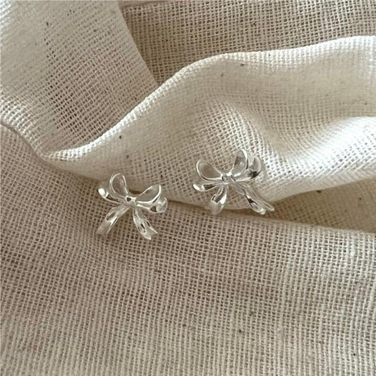 Women's Korean Style Sterling Sier Bow Simple Earrings - Daebak