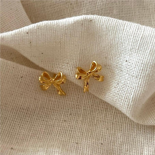 Women's Korean Style Sterling Sier Bow Simple Earrings - Daebak
