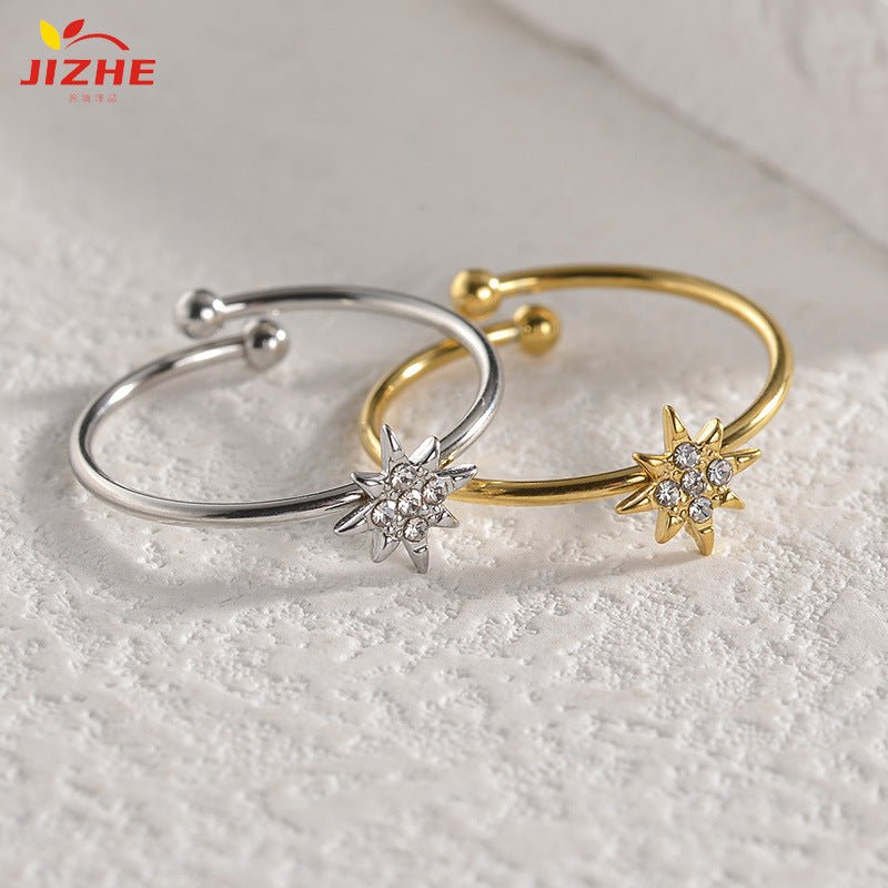 Women's Korean Style Titanium Steel Diamond Eight Awn Star Simple Ring - Daebak