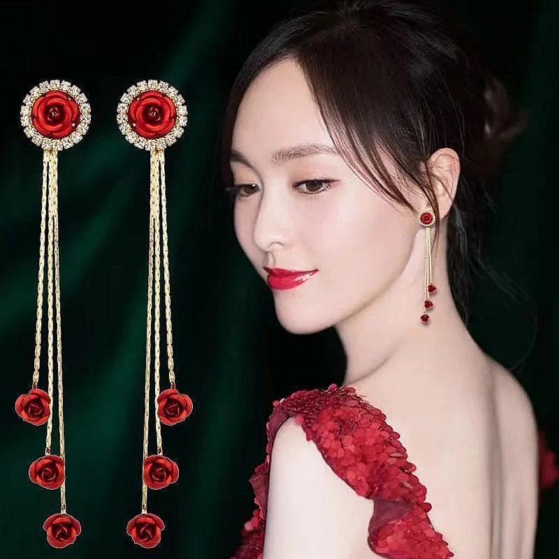 Women's Needle Red Rose Tassel For Trendy Korean Style Simple Design Earrings - Daebak