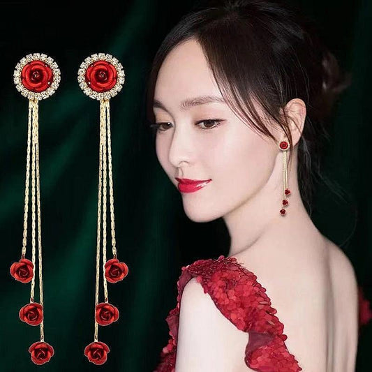 Women's Needle Red Rose Tassel For Trendy Korean Style Simple Design Earrings - Daebak