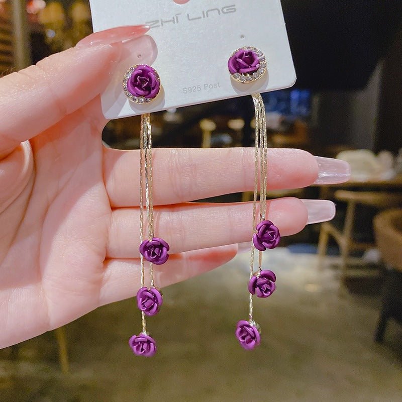 Women's Needle Red Rose Tassel For Trendy Korean Style Simple Design Earrings - Daebak