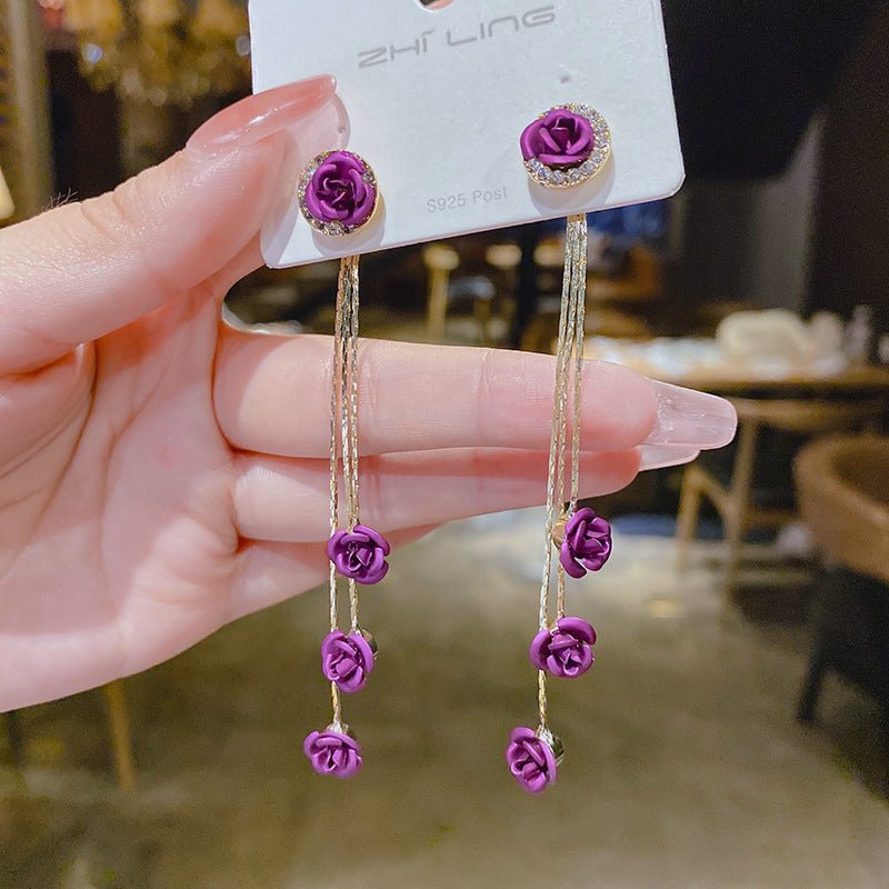 Women's Needle Red Rose Tassel For Trendy Korean Style Simple Design Earrings - Daebak