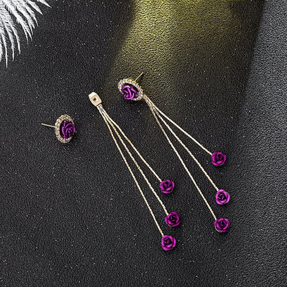 Women's Needle Red Rose Tassel For Trendy Korean Style Simple Design Earrings - Daebak