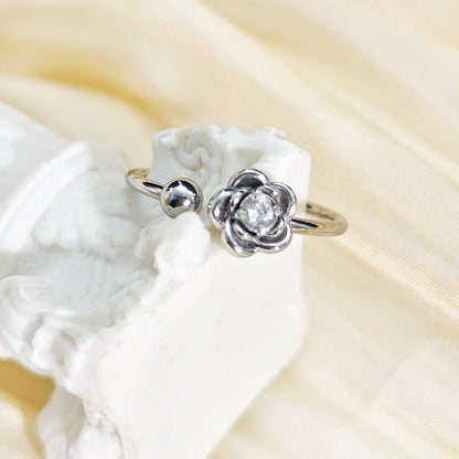 Women's Steel Korean Style Simple Light Luxury Rose Diamond Graceful Flower Ring - Daebak