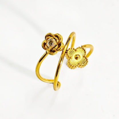Women's Steel Korean Style Simple Light Luxury Rose Diamond Graceful Flower Ring - Daebak