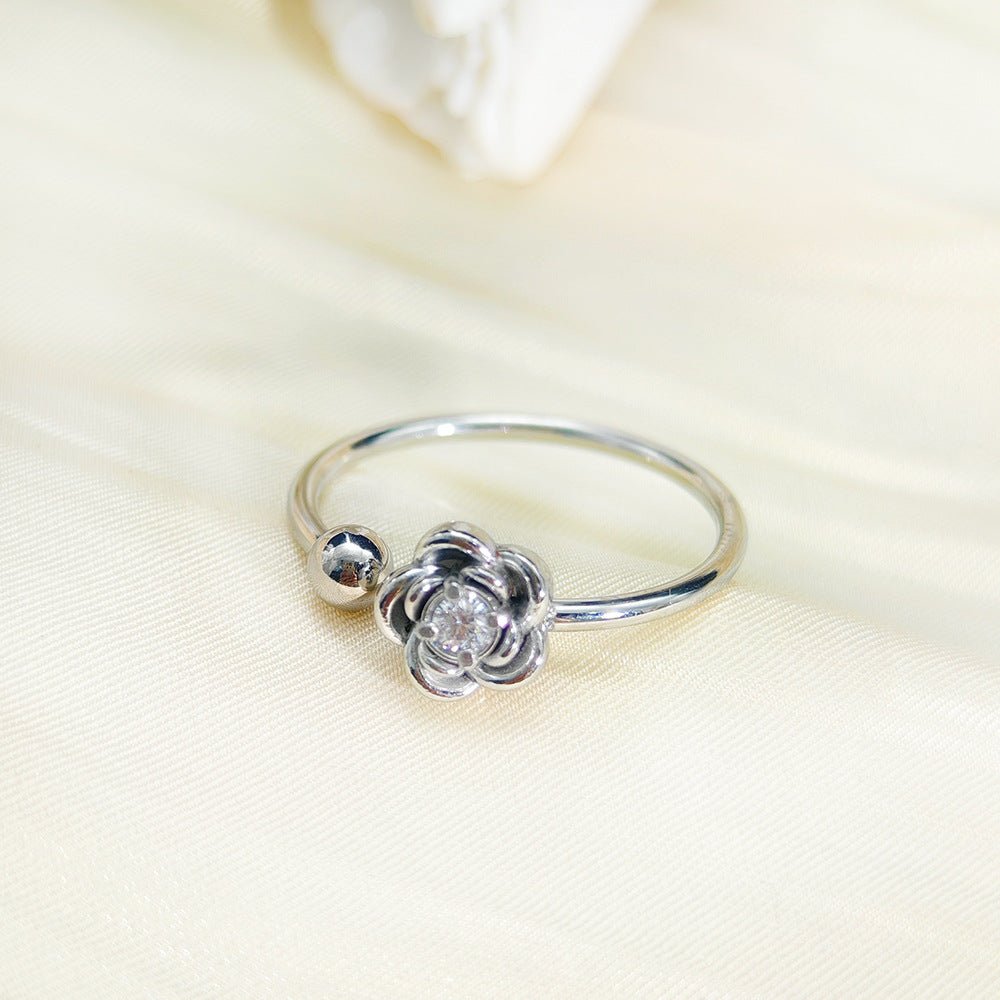 Women's Steel Korean Style Simple Light Luxury Rose Diamond Graceful Flower Ring - Daebak