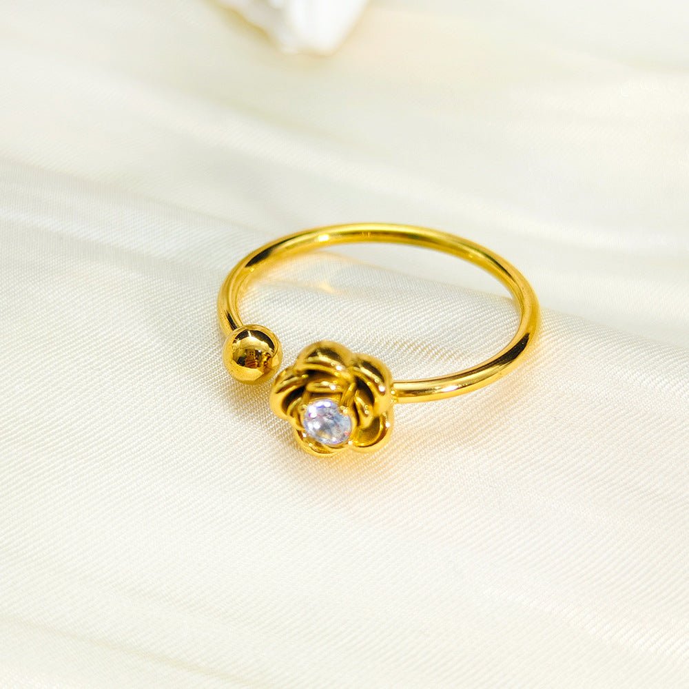 Women's Steel Korean Style Simple Light Luxury Rose Diamond Graceful Flower Ring - Daebak