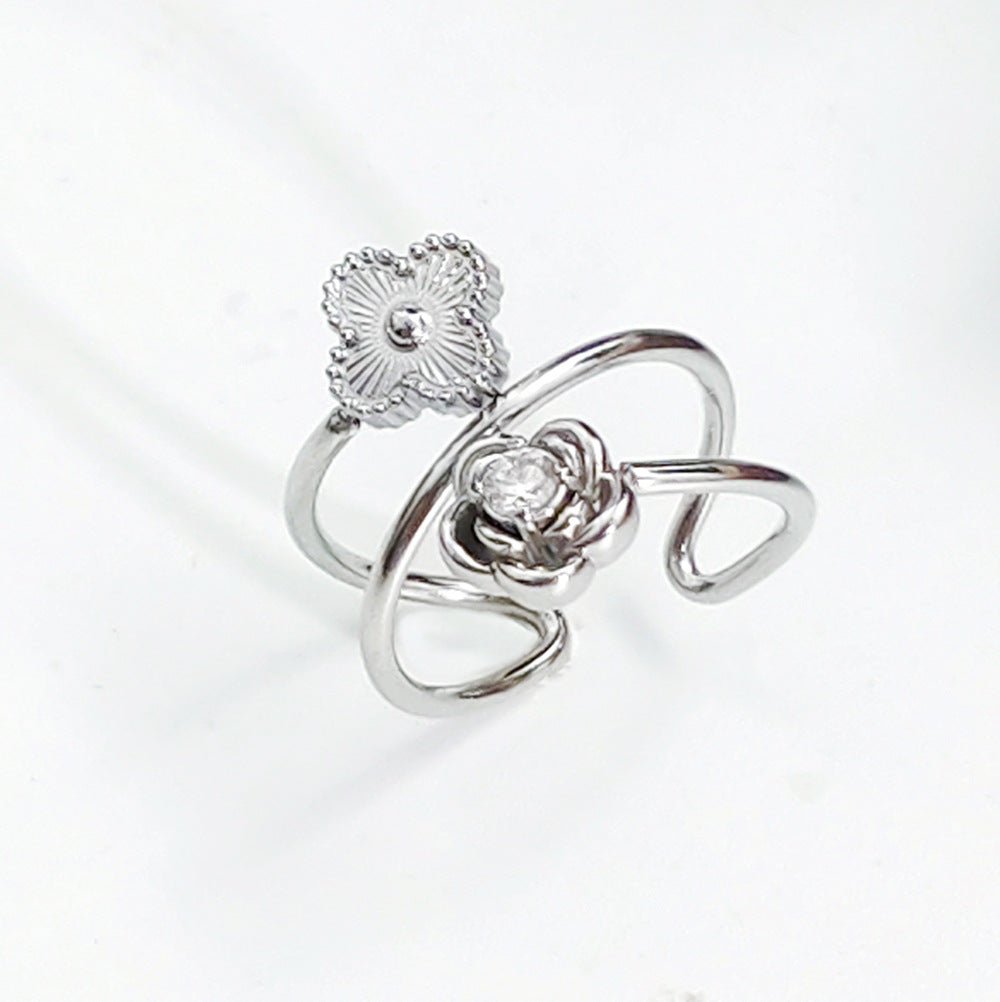Women's Steel Korean Style Simple Light Luxury Rose Diamond Graceful Flower Ring - Daebak