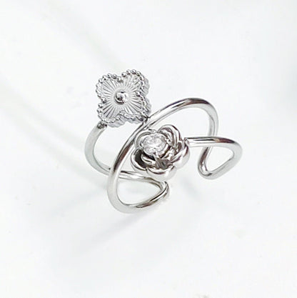 Women's Steel Korean Style Simple Light Luxury Rose Diamond Graceful Flower Ring - Daebak