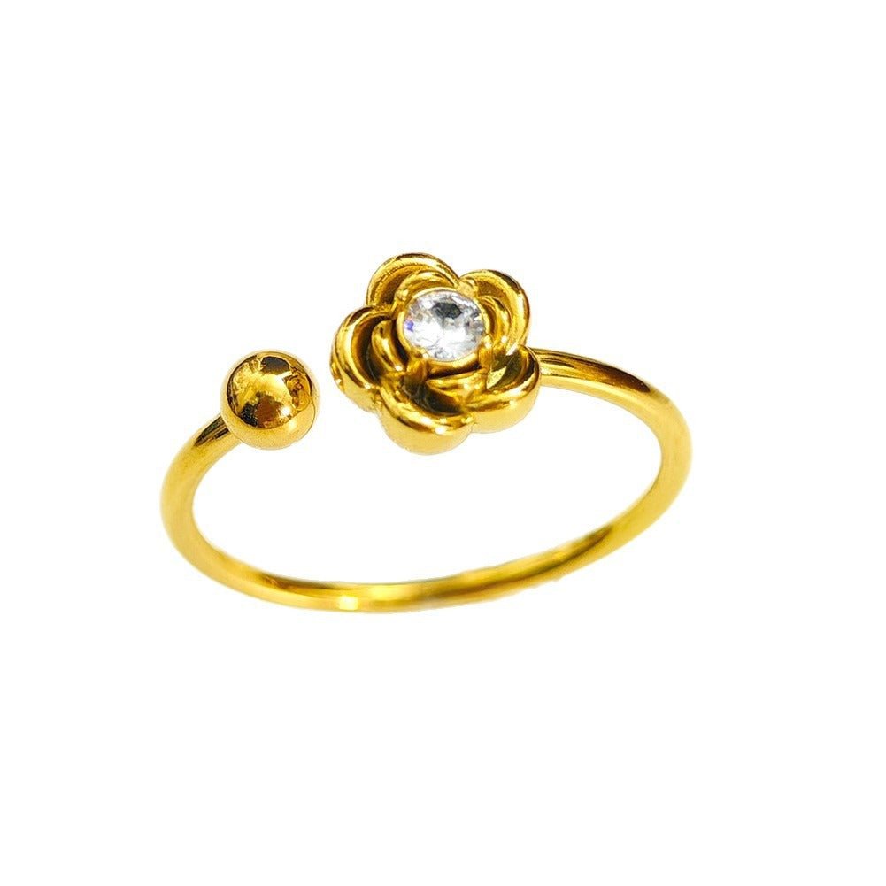 Women's Steel Korean Style Simple Light Luxury Rose Diamond Graceful Flower Ring - Daebak