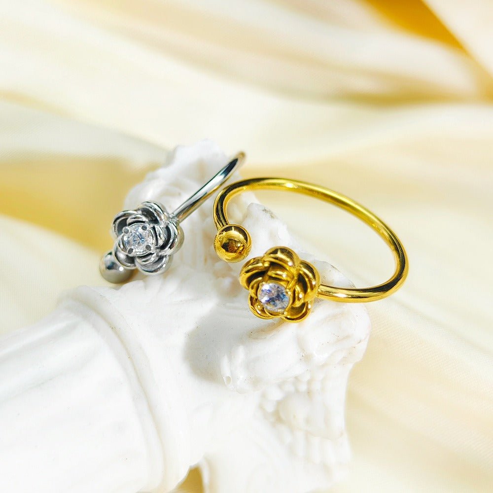Women's Steel Korean Style Simple Light Luxury Rose Diamond Graceful Flower Ring - Daebak