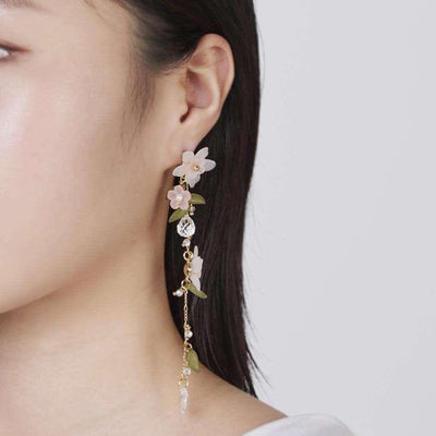 Pink Flower Long Earrings - Daebak